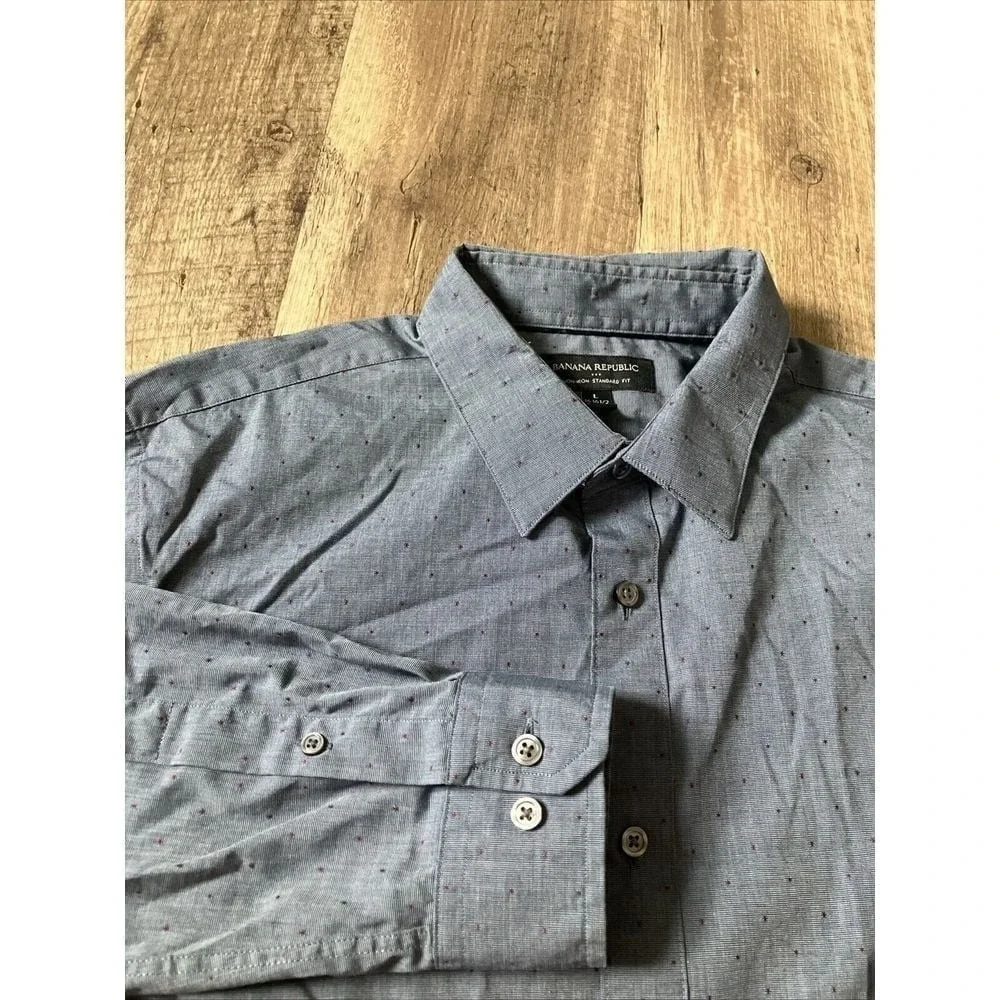 Banana Republic Mens Non-Iron Standard Fit Shirt Blue Burgundy Dot Large 16-16.5